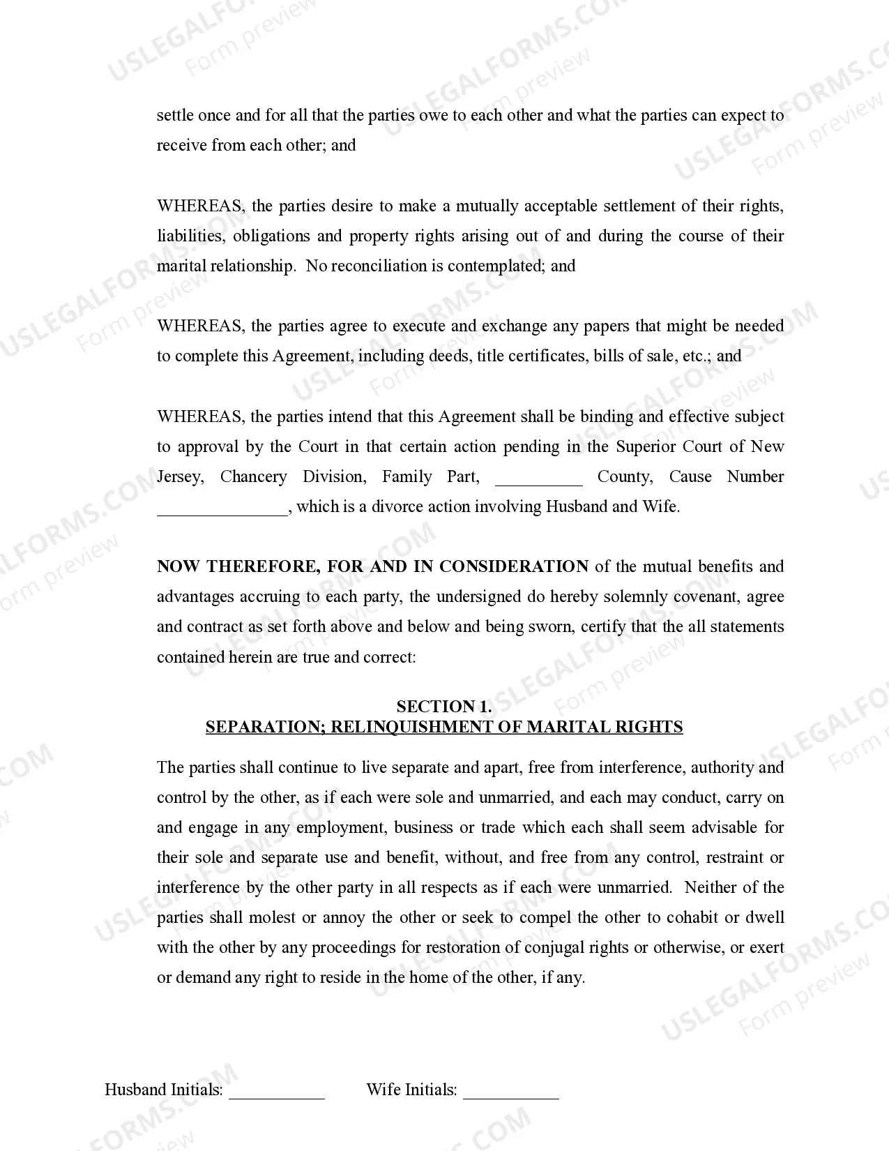 Preview Marital Domestic Separation and Property Settlement Agreement no Children parties may have Joint Property or Debts where Divorce Action Filed