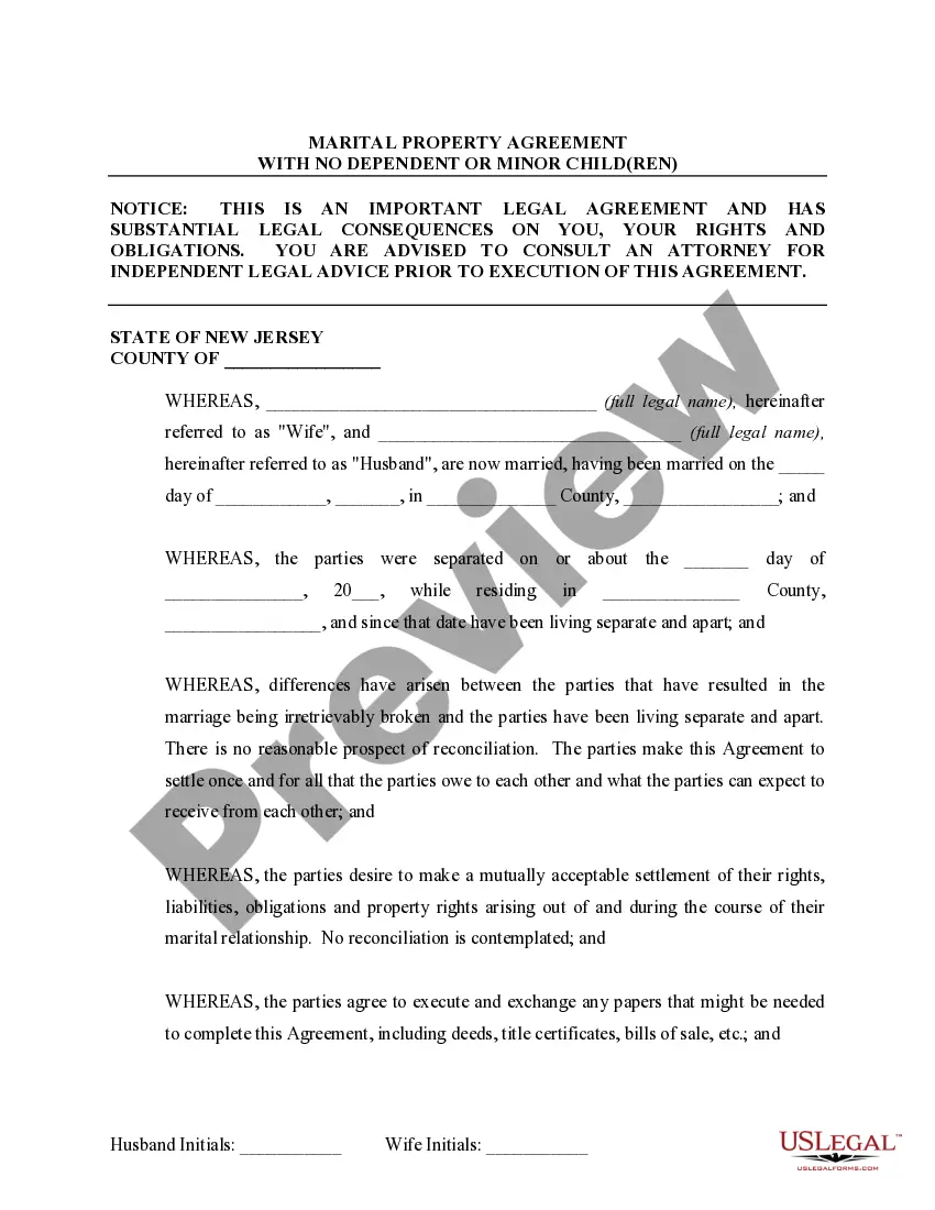 Preview Marital Domestic Separation and Property Settlement Agreement no Children parties may have Joint Property or Debts Effective Immediately