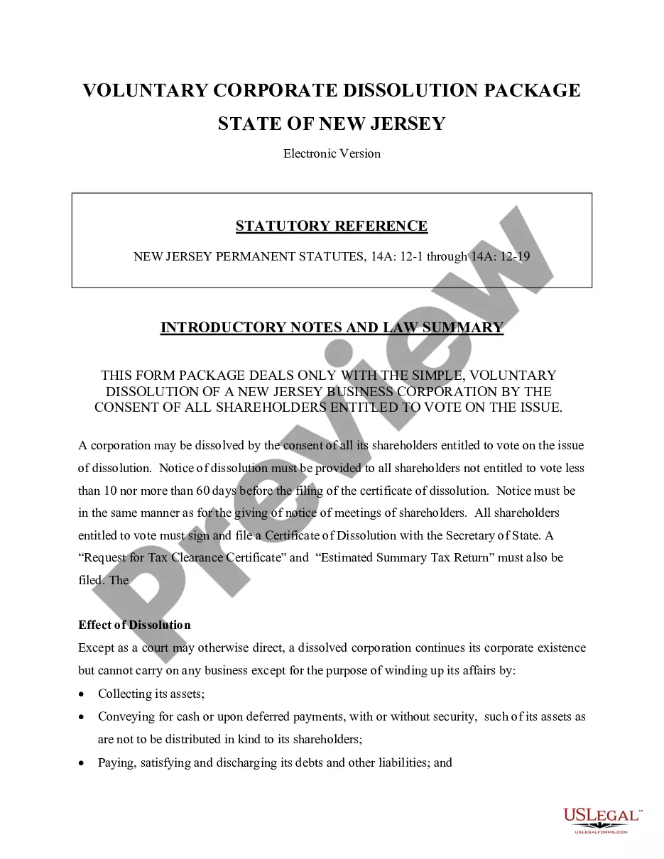 New Jersey Dissolution Package to Dissolve Corporation New Jersey