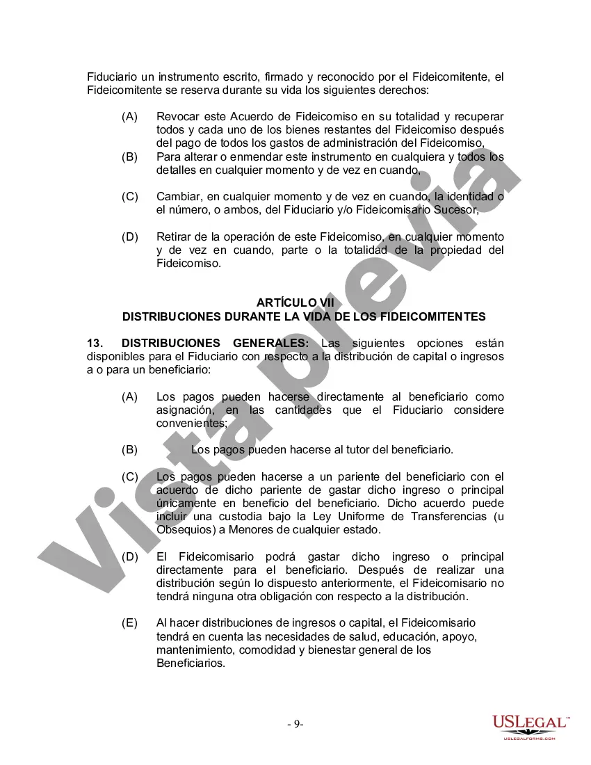 Preview Fideicomiso en Vida para Individuos Solteros, Divorciados o Viudos (o Viudos) sin Hijos