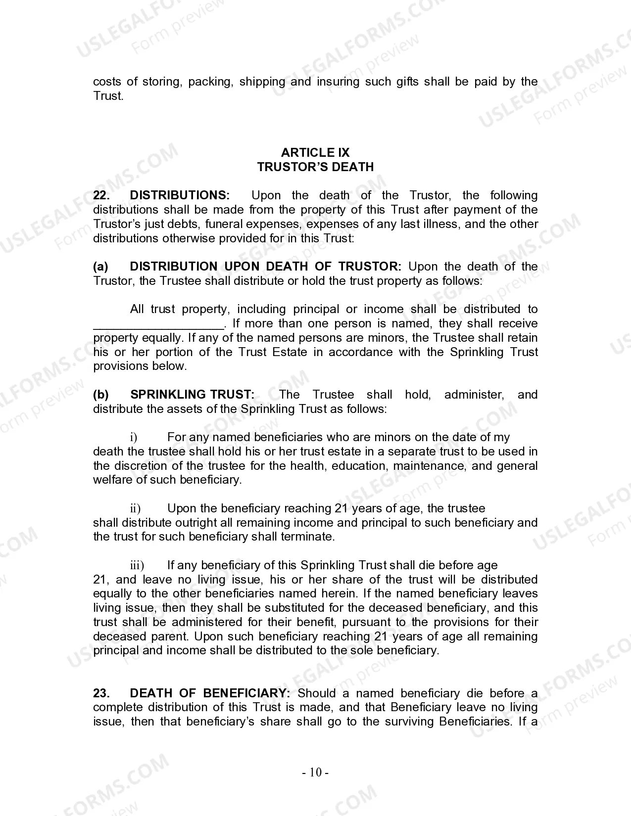 Preview Living Trust for Individual Who is Single, Divorced or Widow (or Widower) with No Children