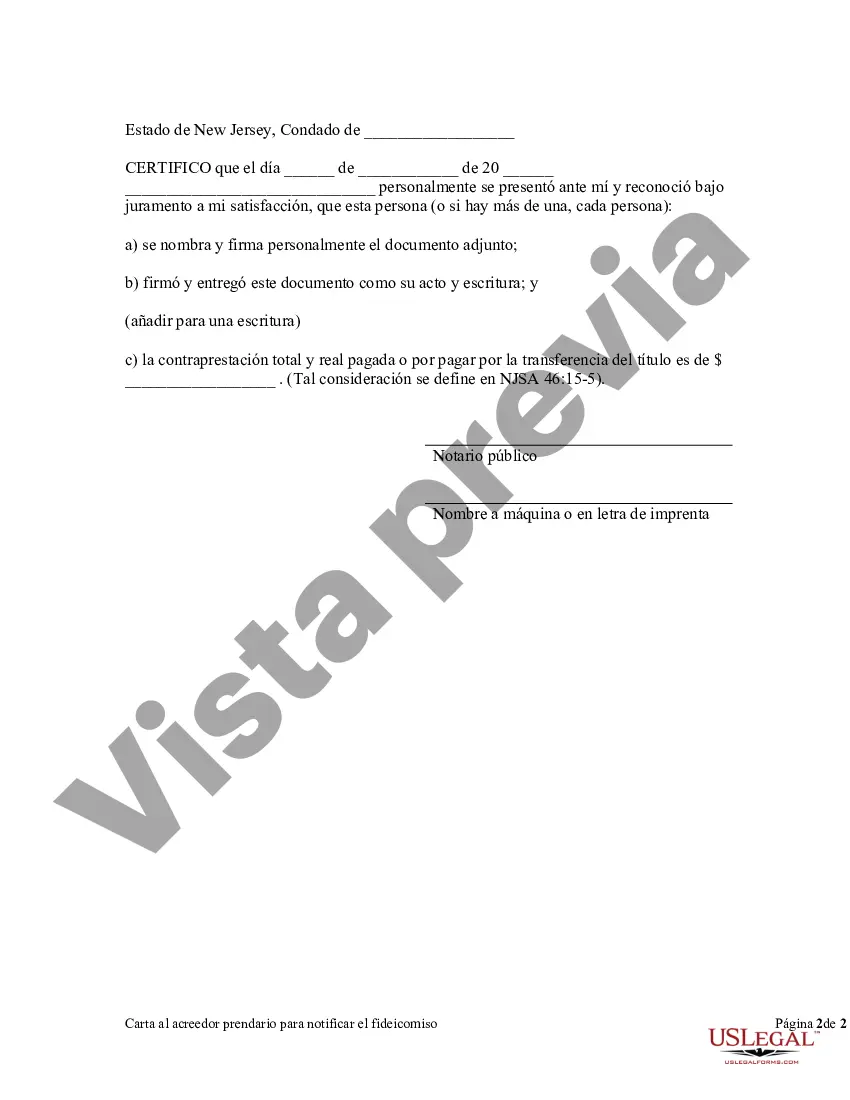 Preview Carta al acreedor prendario para notificar el fideicomiso