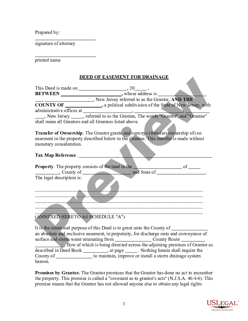 New Jersey Deed of Easement for Drainage | US Legal Forms