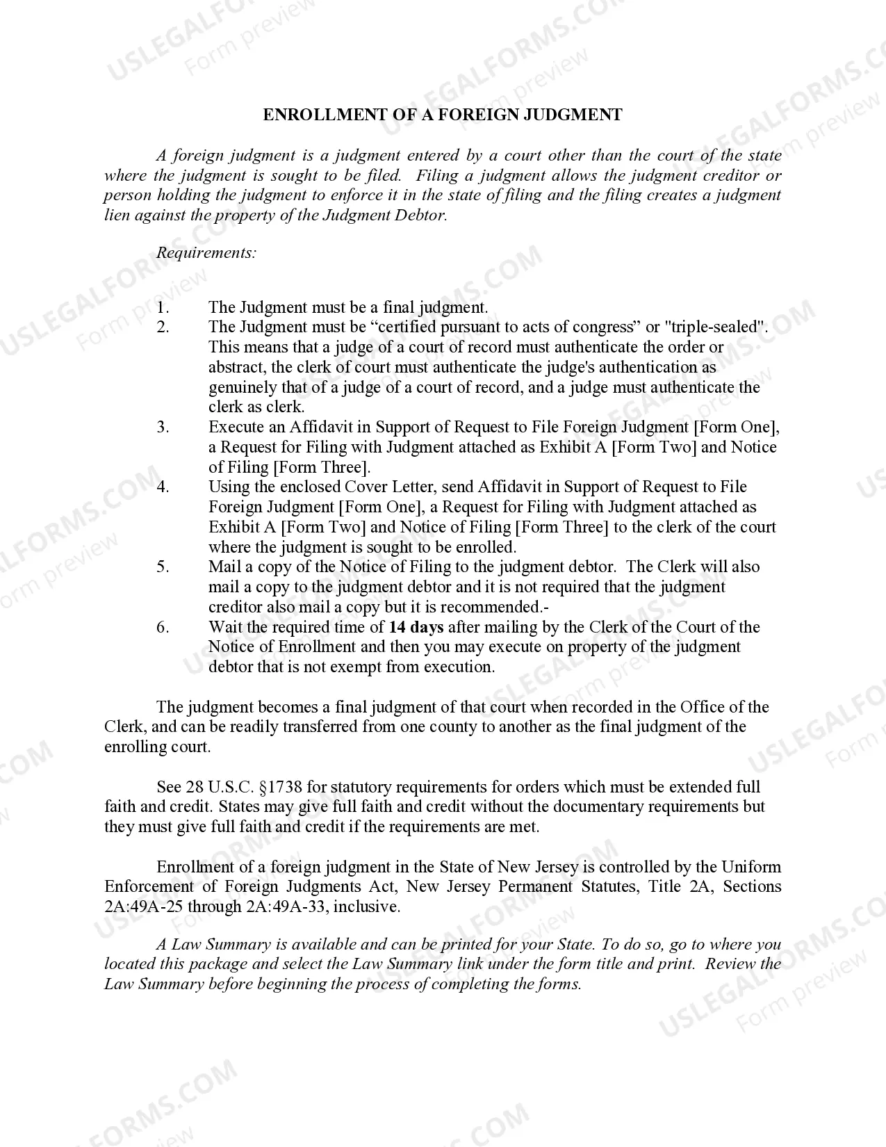 Preview New Jersey Foreign Judgment Enrollment