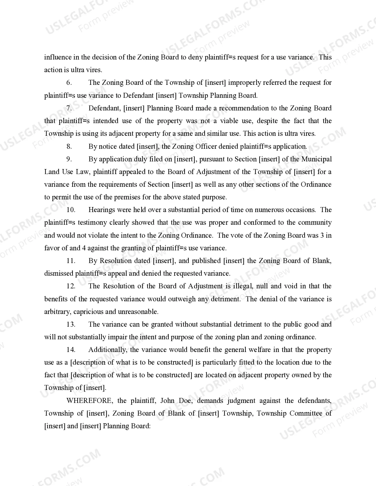 Preview Complaint Against Zoning Board for Denial of Variance