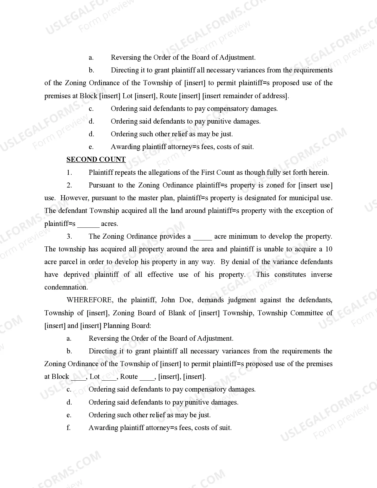 Preview Complaint Against Zoning Board for Denial of Variance