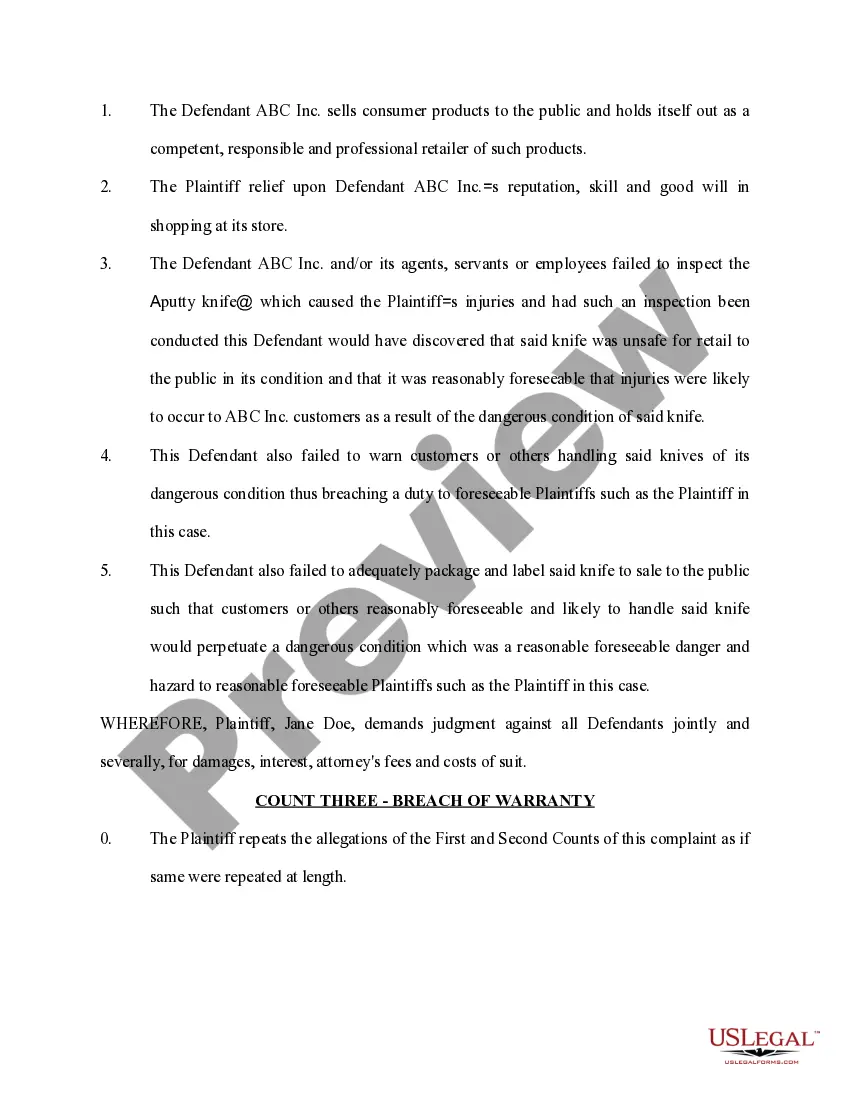 Preview Complaint Alleging Products Liability