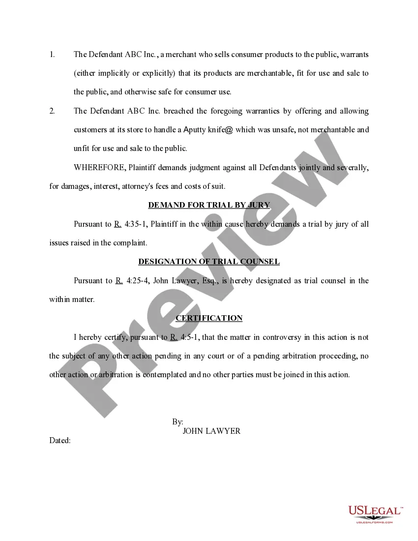 Preview Complaint Alleging Products Liability