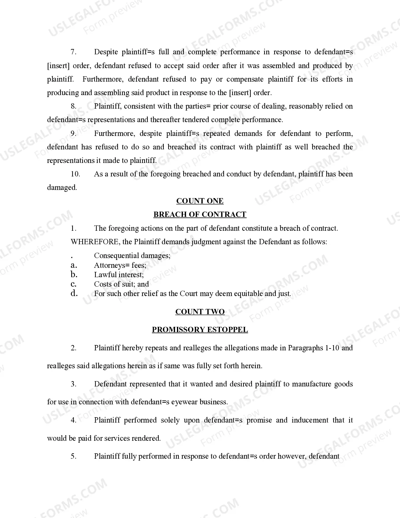 Preview Complaint Alleging Promissory Estoppel