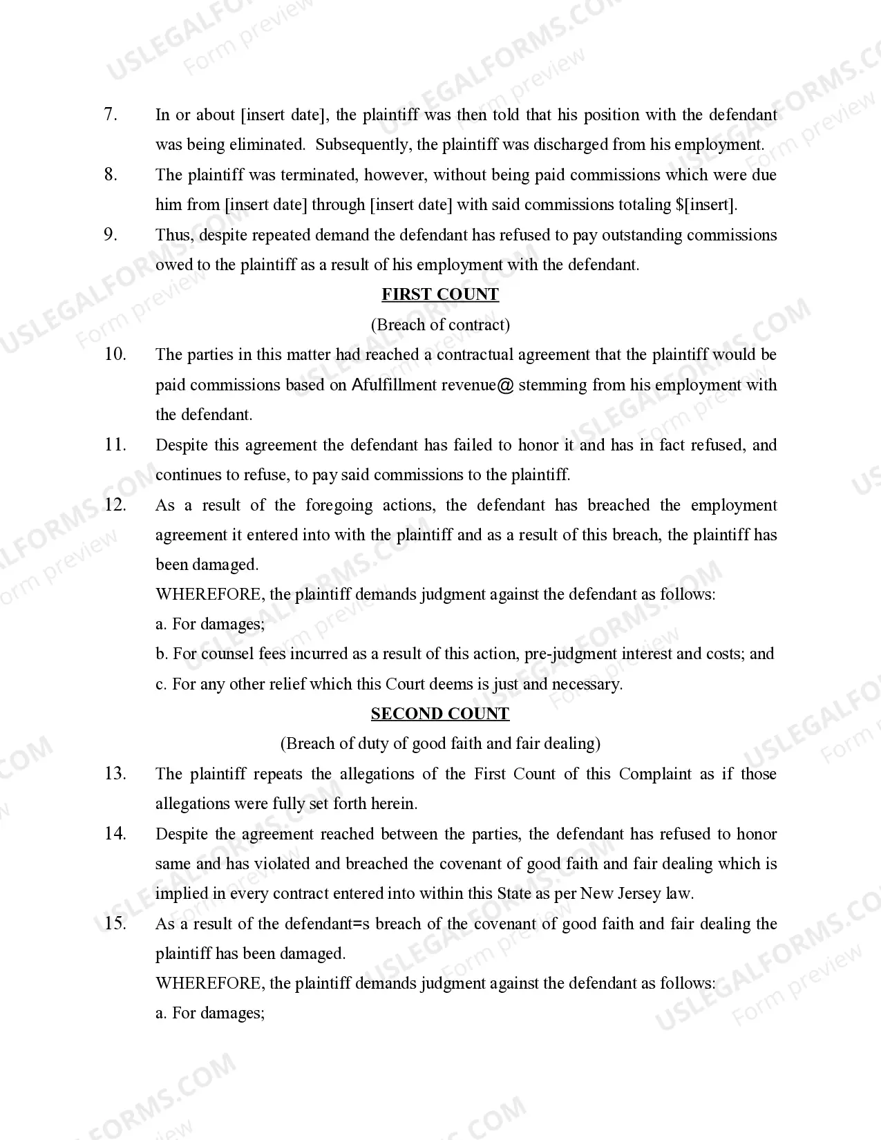 Preview Complaint Breach of Employment Contract