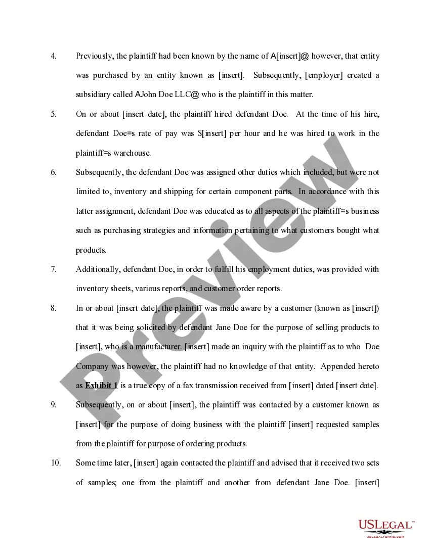 Preview Complaint by Employer for Tortious Acts by Employee