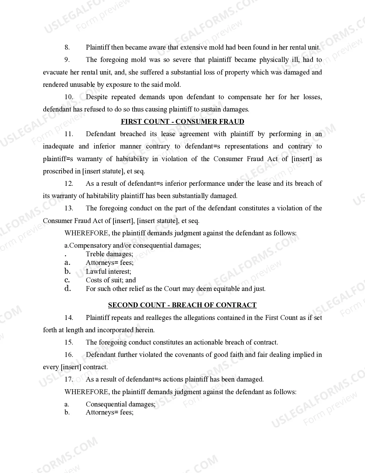 Preview Complaint Consumer Fraud Act by Tenant for Mold