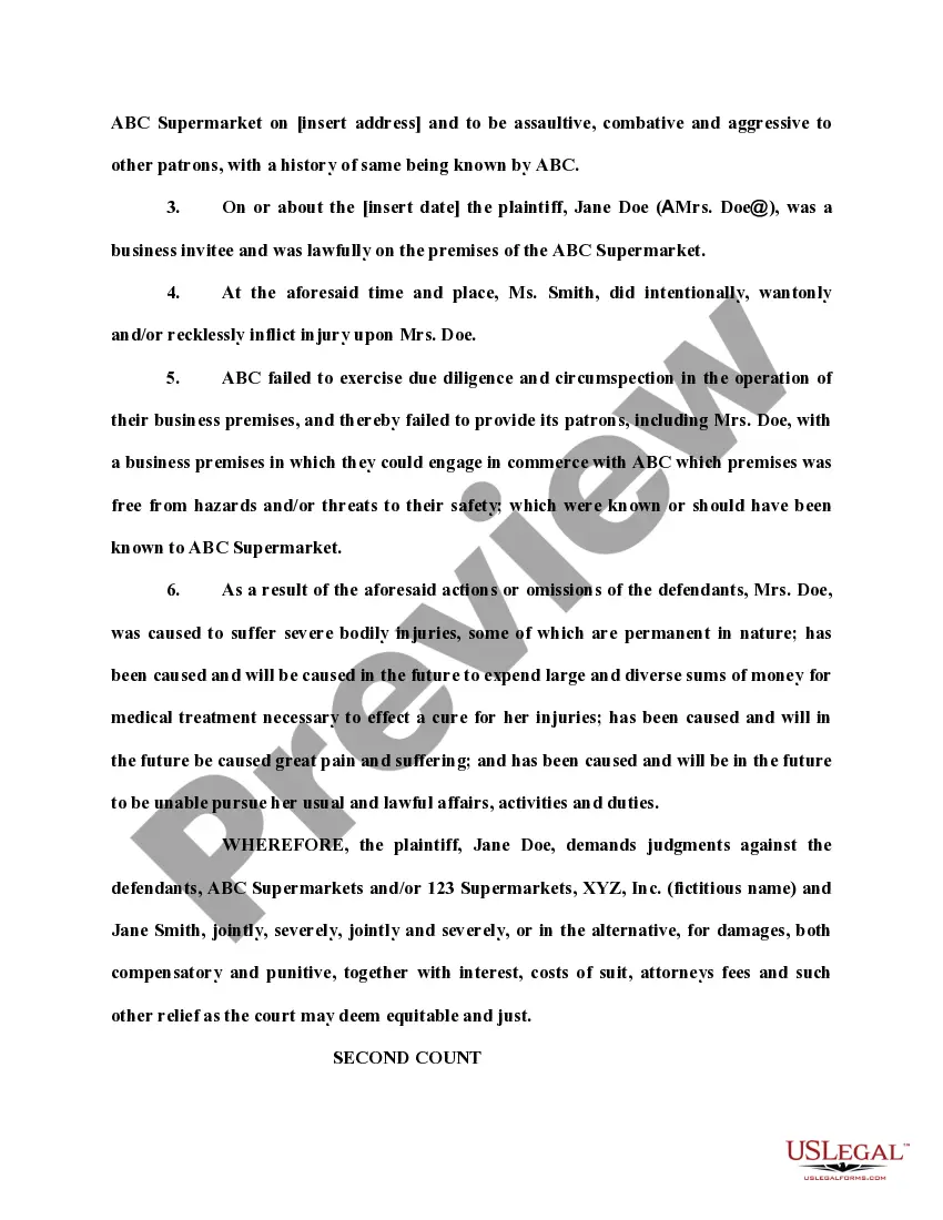 Preview Complaint for Personal Injuries by Fellow Invitee in Supermarket