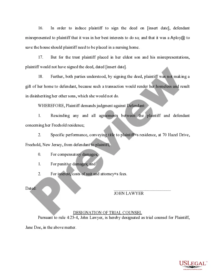 Preview Complaint for Rescission, Specific Performance, Damages