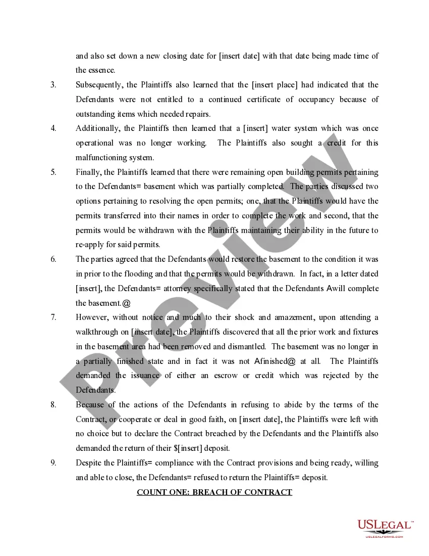 Preview Complaint for Return of Deposit Under Real Estate Contract
