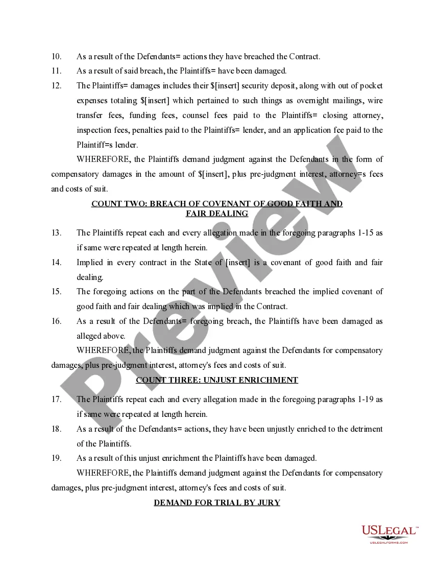 Preview Complaint for Return of Deposit Under Real Estate Contract