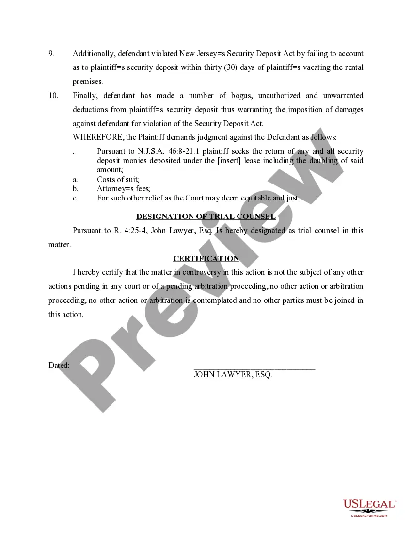 Get Complaint for Return of Security Deposit Preview Complaint for Return of Security Deposit