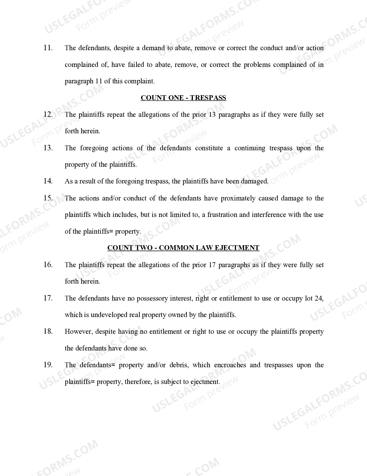 Trespass Civil Complaint Form US Legal Forms