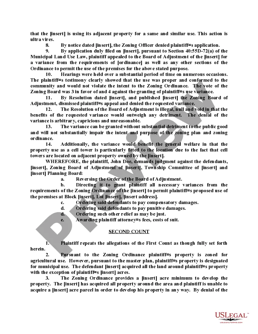 Preview Complaint in Prerogative Writ Appeal from Zoning Board