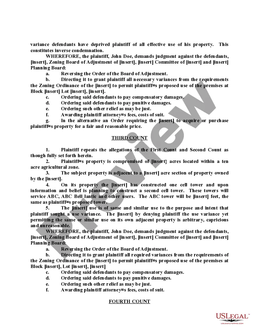 Preview Complaint in Prerogative Writ Appeal from Zoning Board