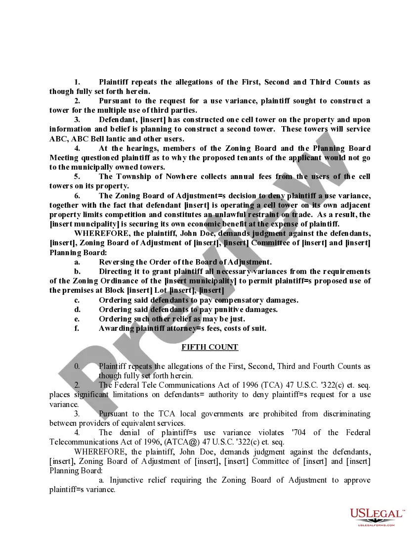 Preview Complaint in Prerogative Writ Appeal from Zoning Board