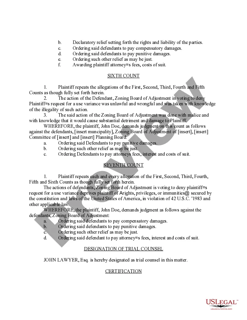 Preview Complaint in Prerogative Writ Appeal from Zoning Board