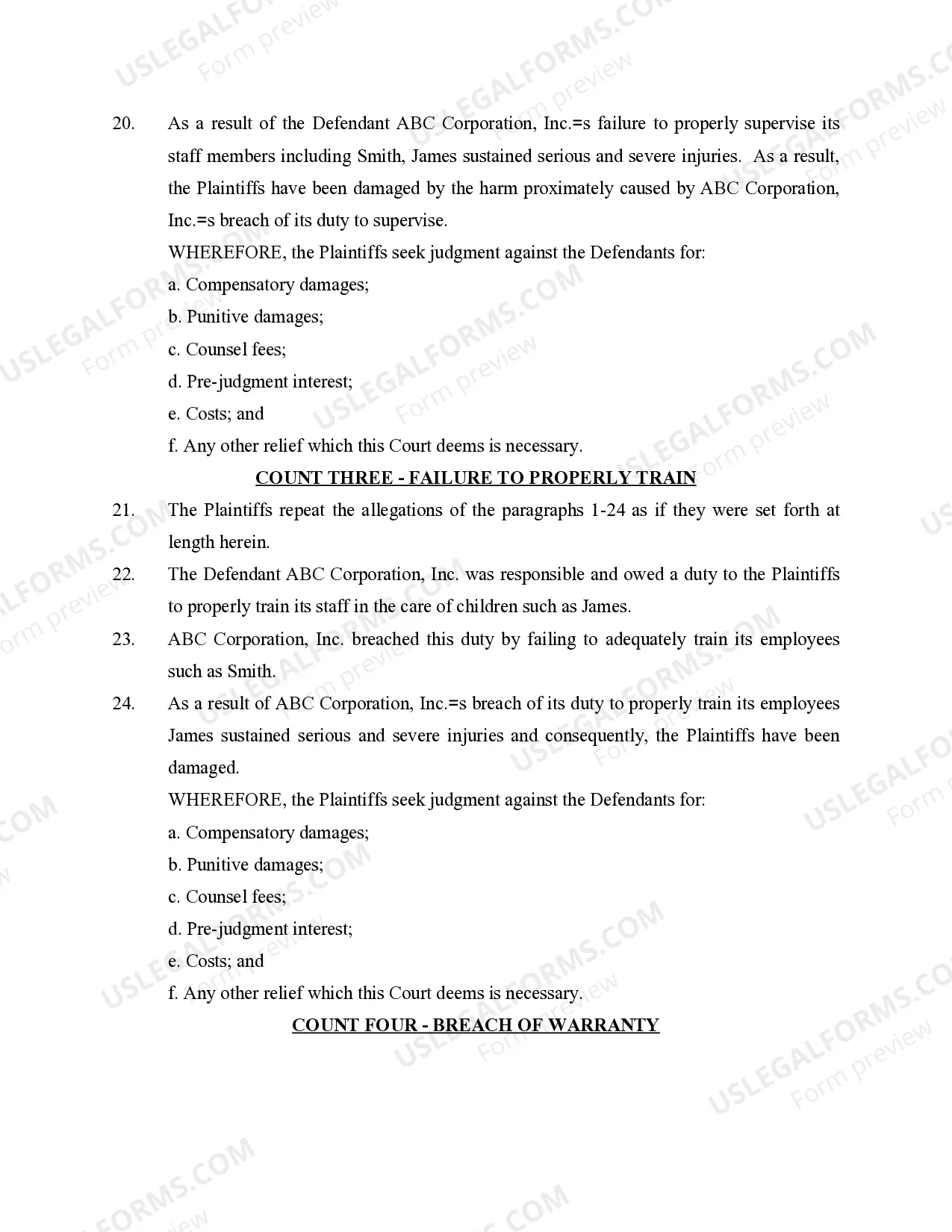 Preview Complaint Personal Injuries Supervise and Train