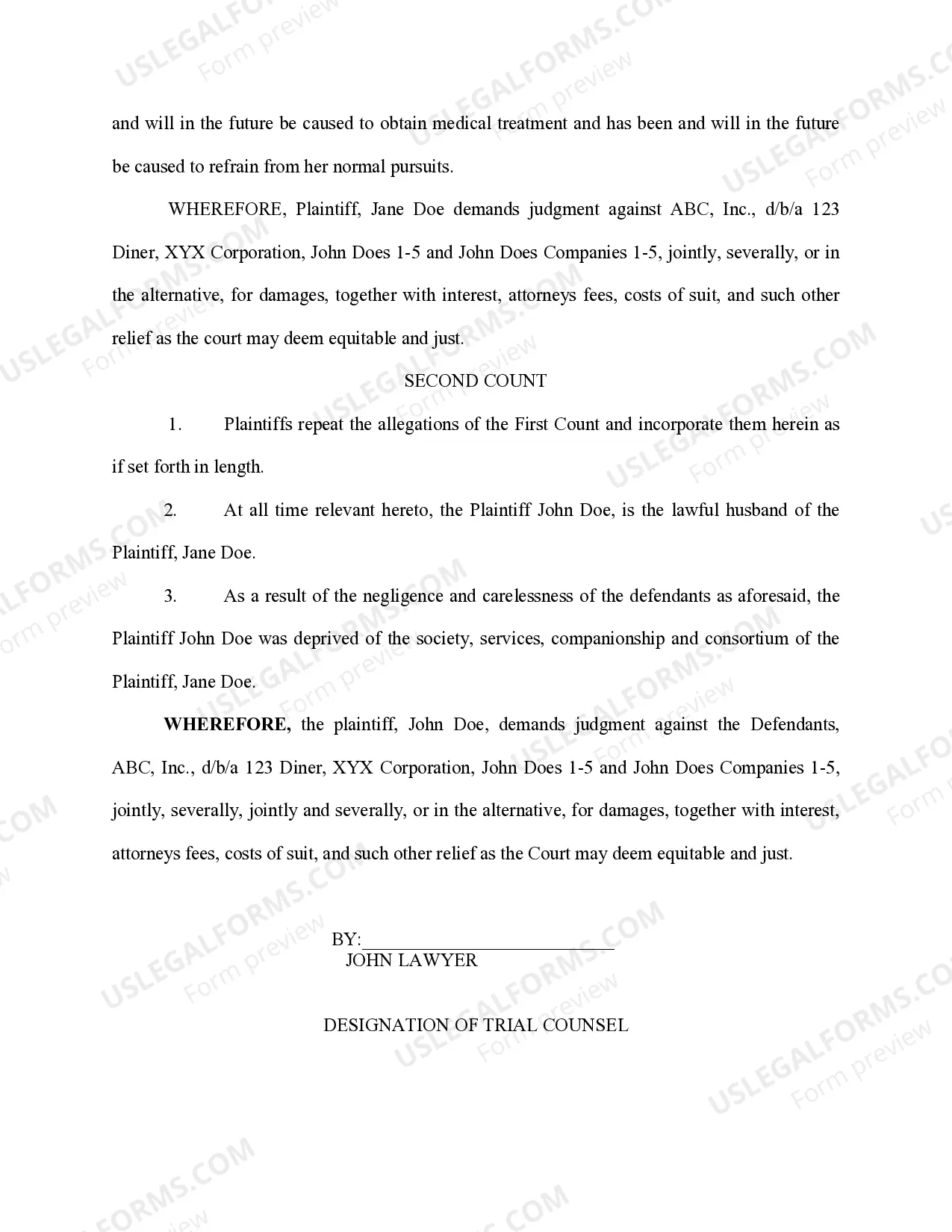 Preview Complaint Personal Injury Against Restaurant