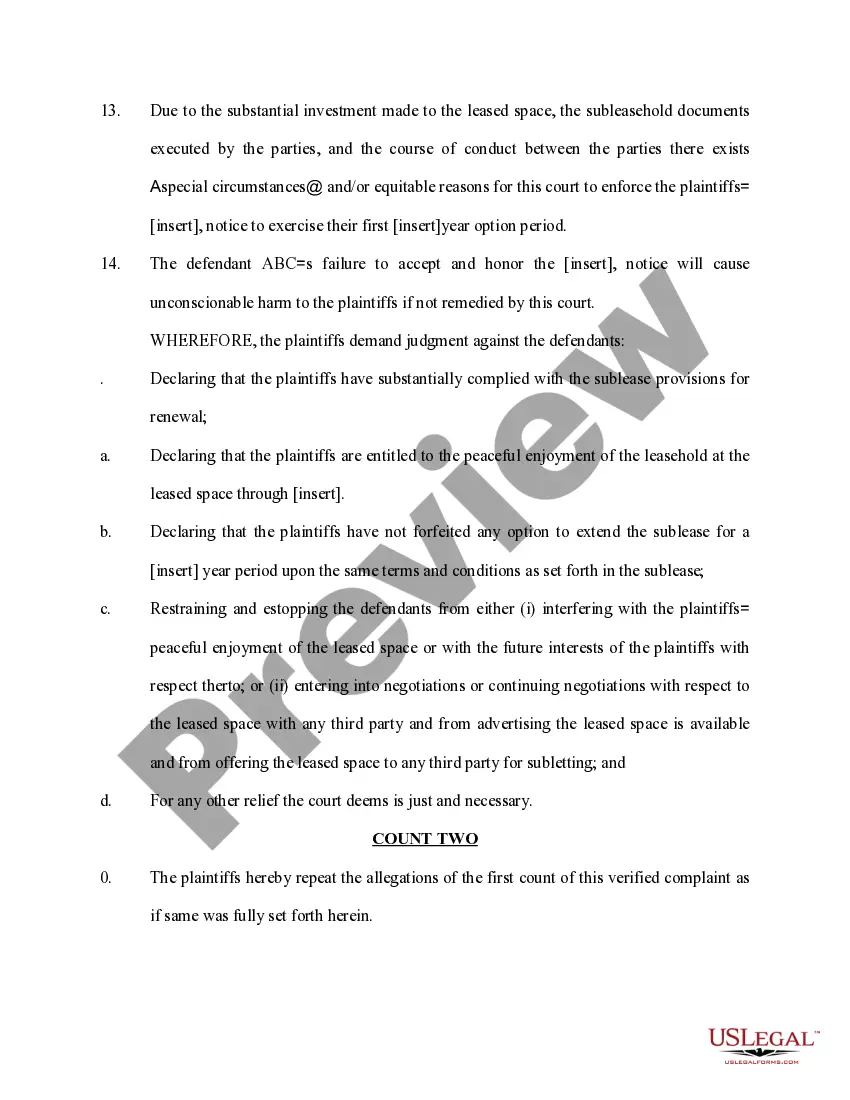 Preview Complaint to Enforce Option to Extend Lease