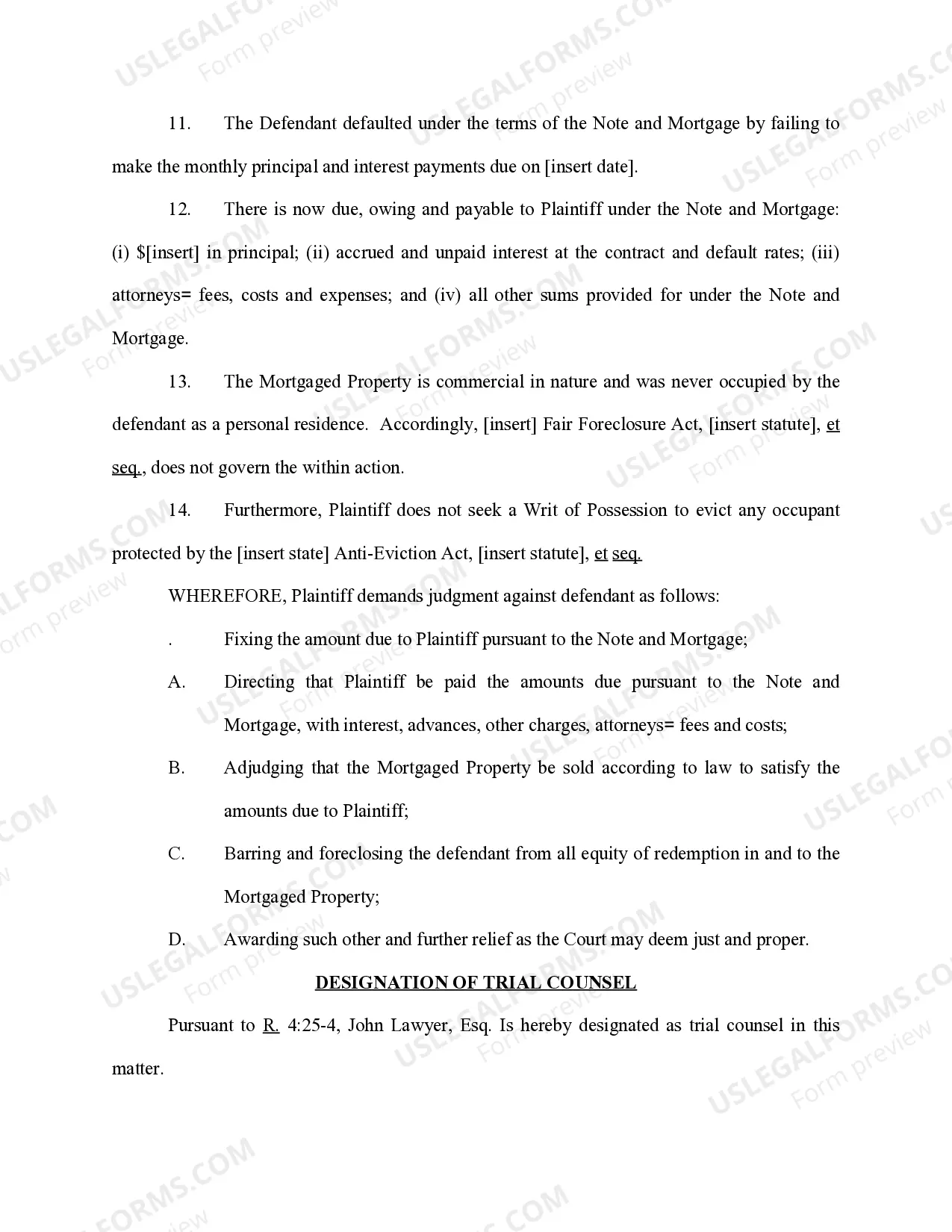 Preview Complaint for Foreclosure Commercial