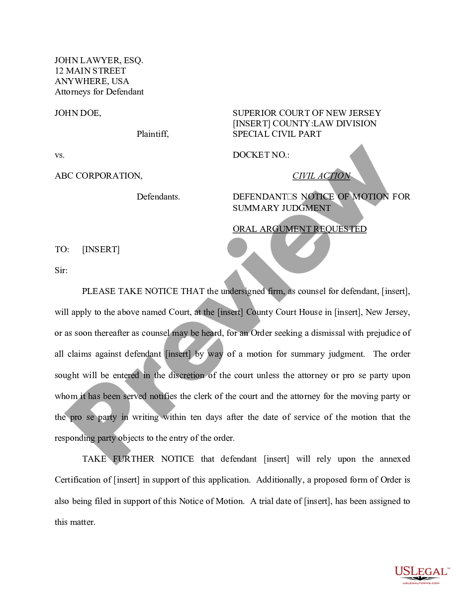 Elizabeth New Jersey Notice Of Motion Special Civil Part For Summary Judgment Summary