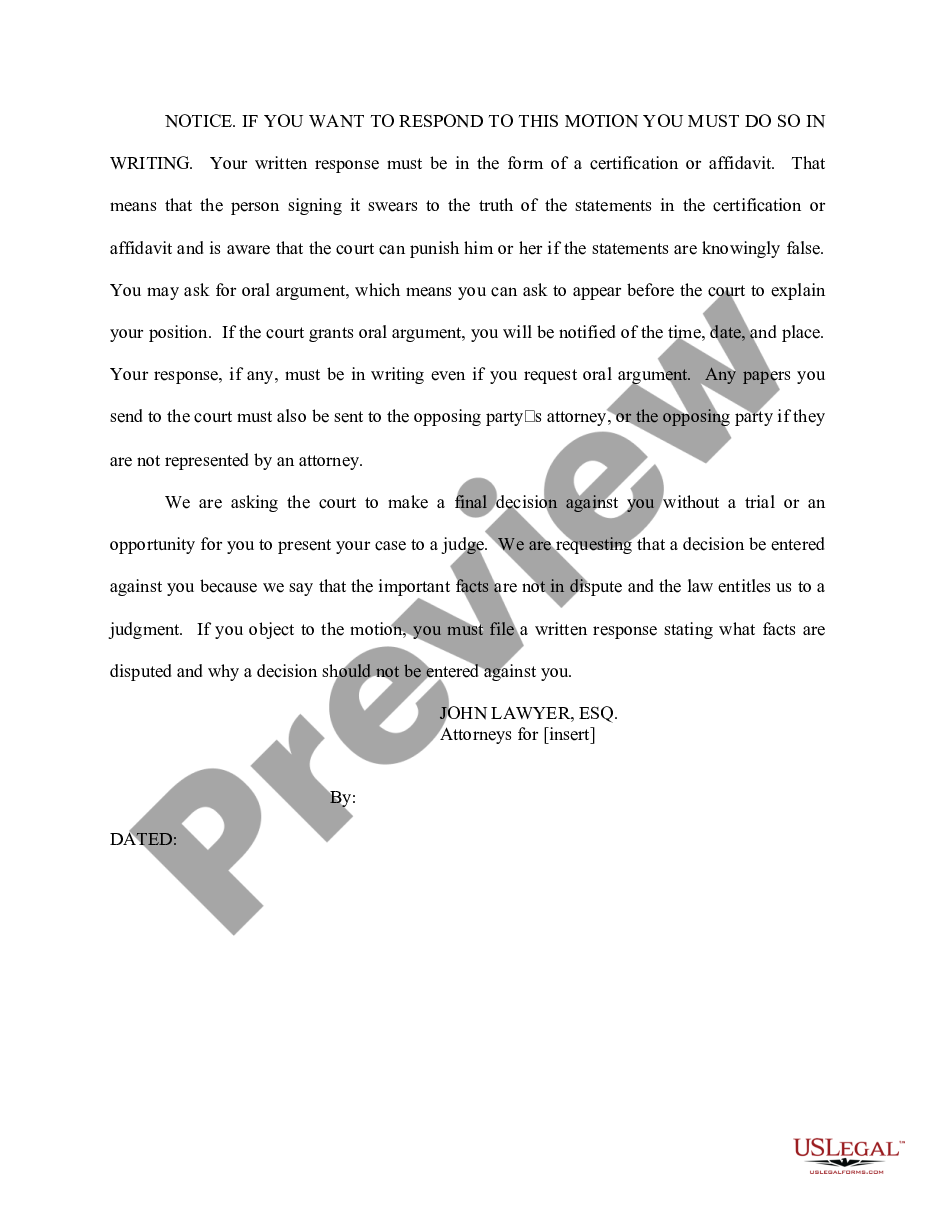 Elizabeth New Jersey Notice of Motion Special Civil Part for Summary