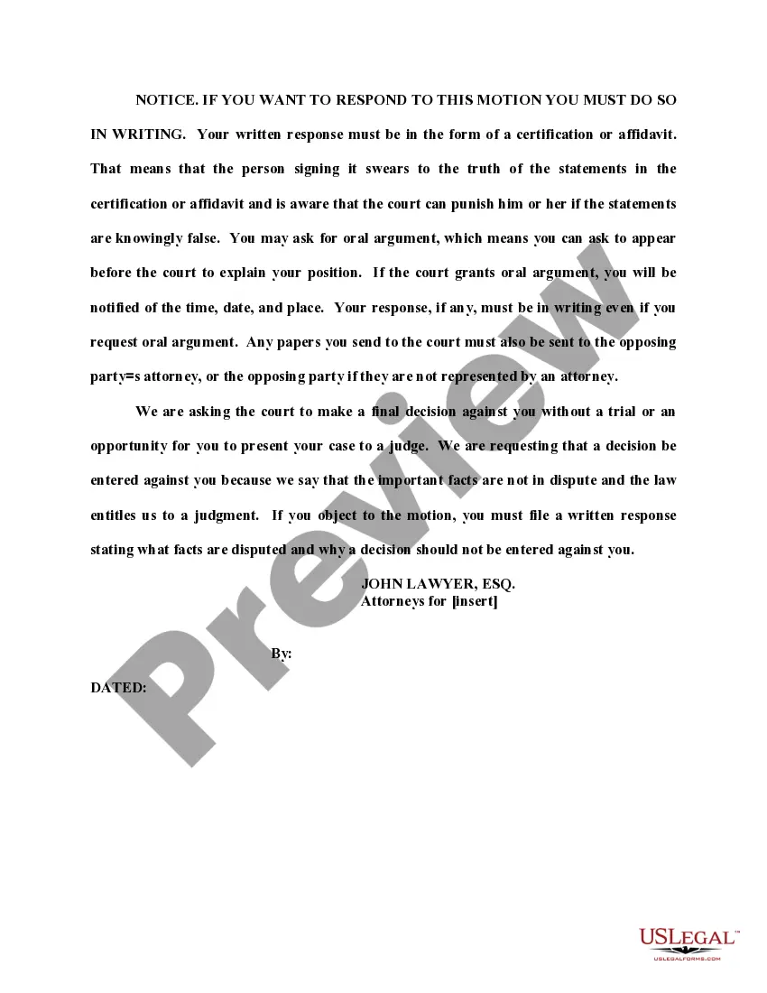 Preview Notice of Motion Special Civil Part for Summary Judgment