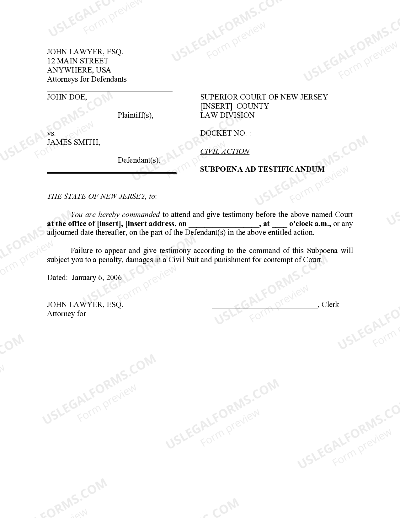 New Jersey Subpoena for Testimony New Jersey Subpoena US Legal Forms