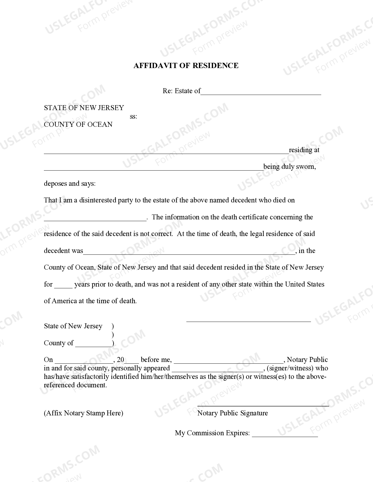 New Jersey Affidavit Of Residence for Ocean County US Legal Forms