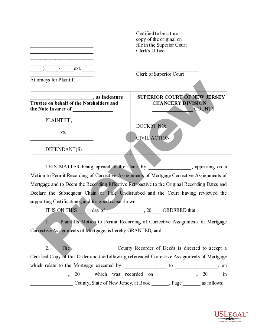 New Jersey Order to Permit Recording of Corrective Assignments of