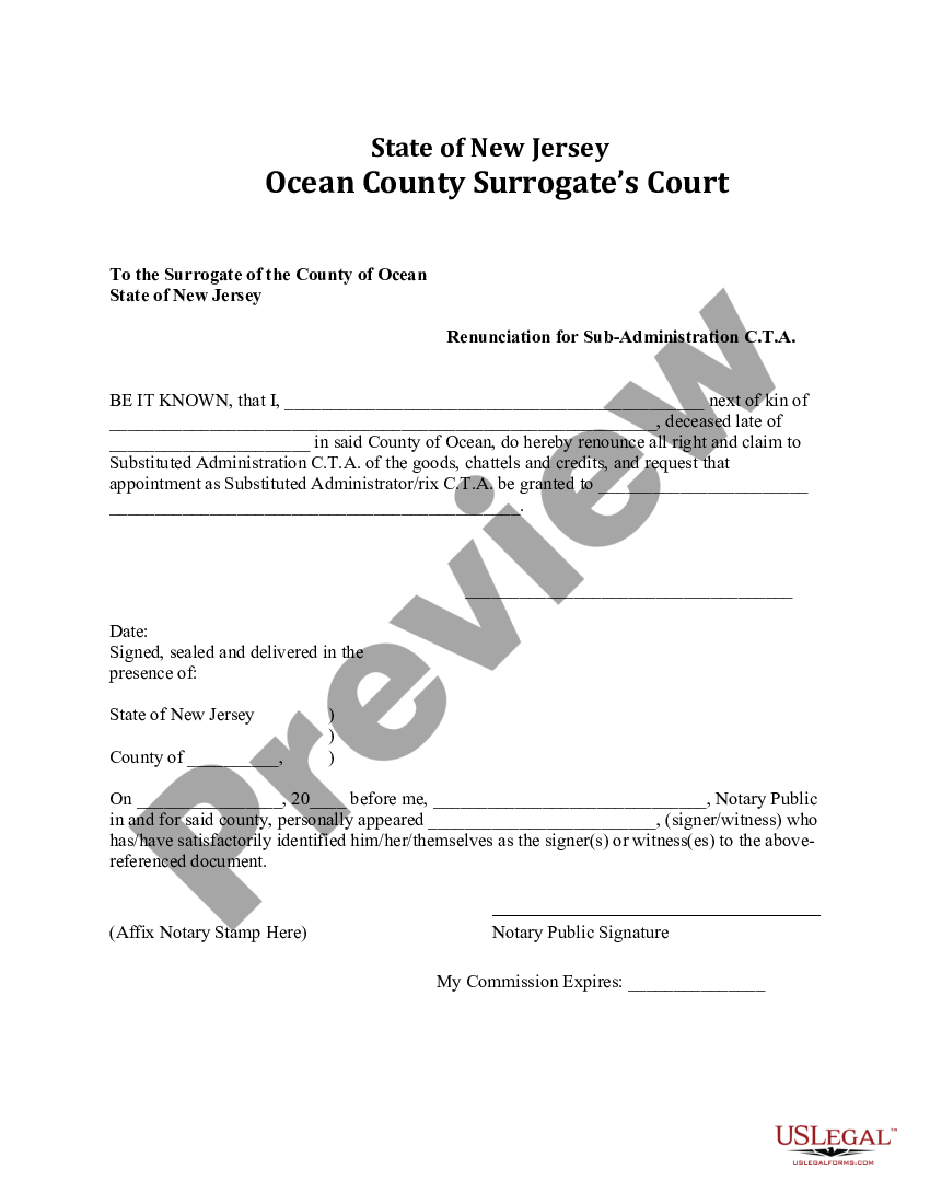 New Jersey Renunciation For Sub Administration Cta For Ocean County Us Legal Forms 