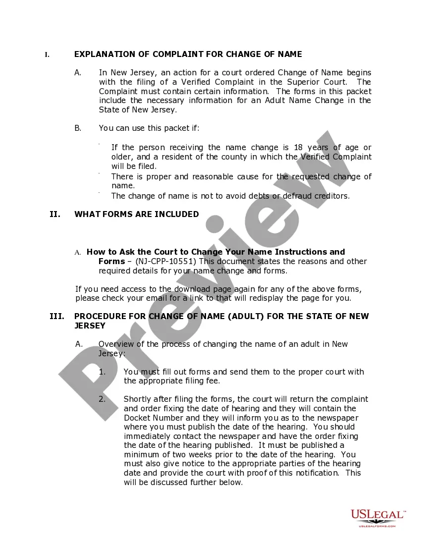 Preview New Jersey Name Change Instructions and Forms Package for an Adult