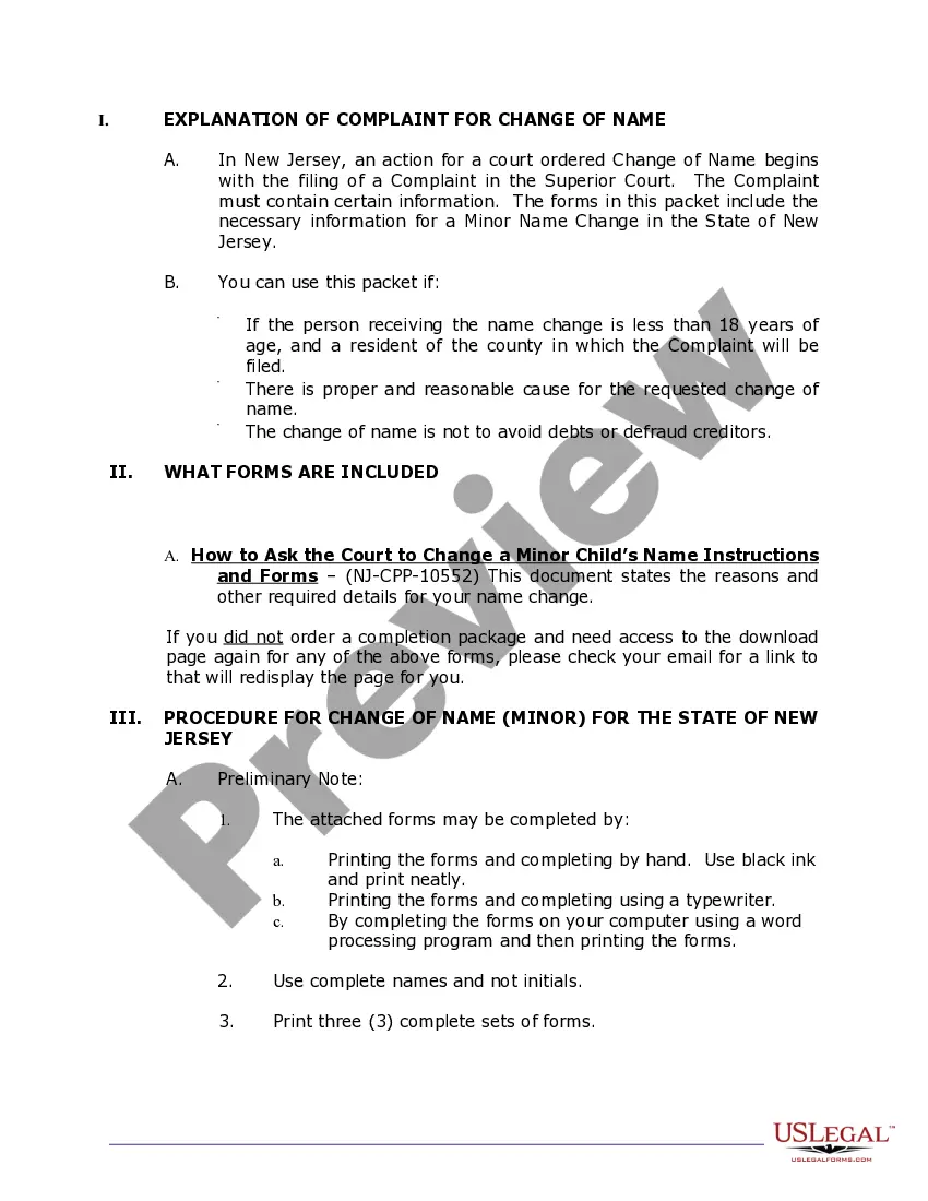 Preview New Jersey Name Change Instructions and Forms Package for a Minor