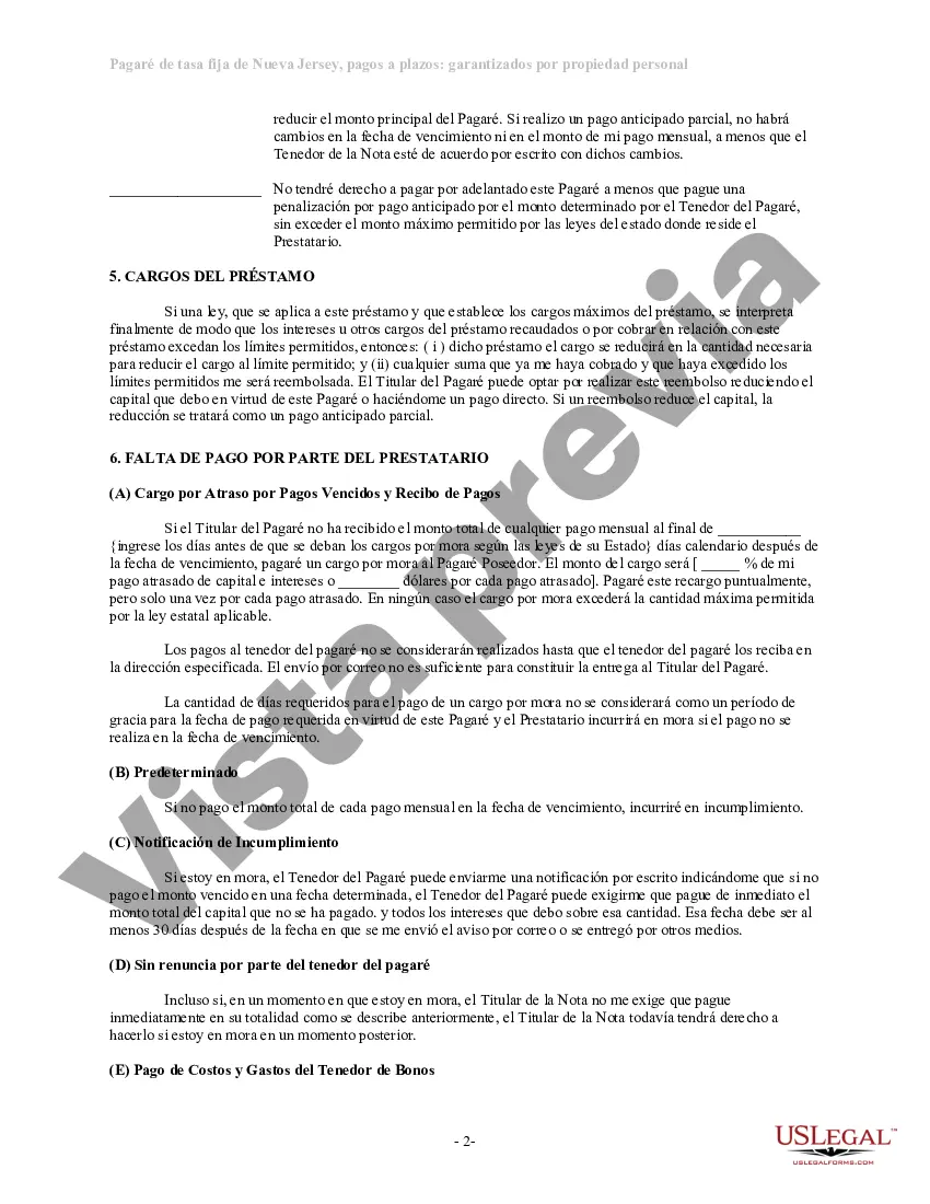 Preview Pagaré de tasa fija a plazos de Nueva Jersey garantizado por propiedad personal