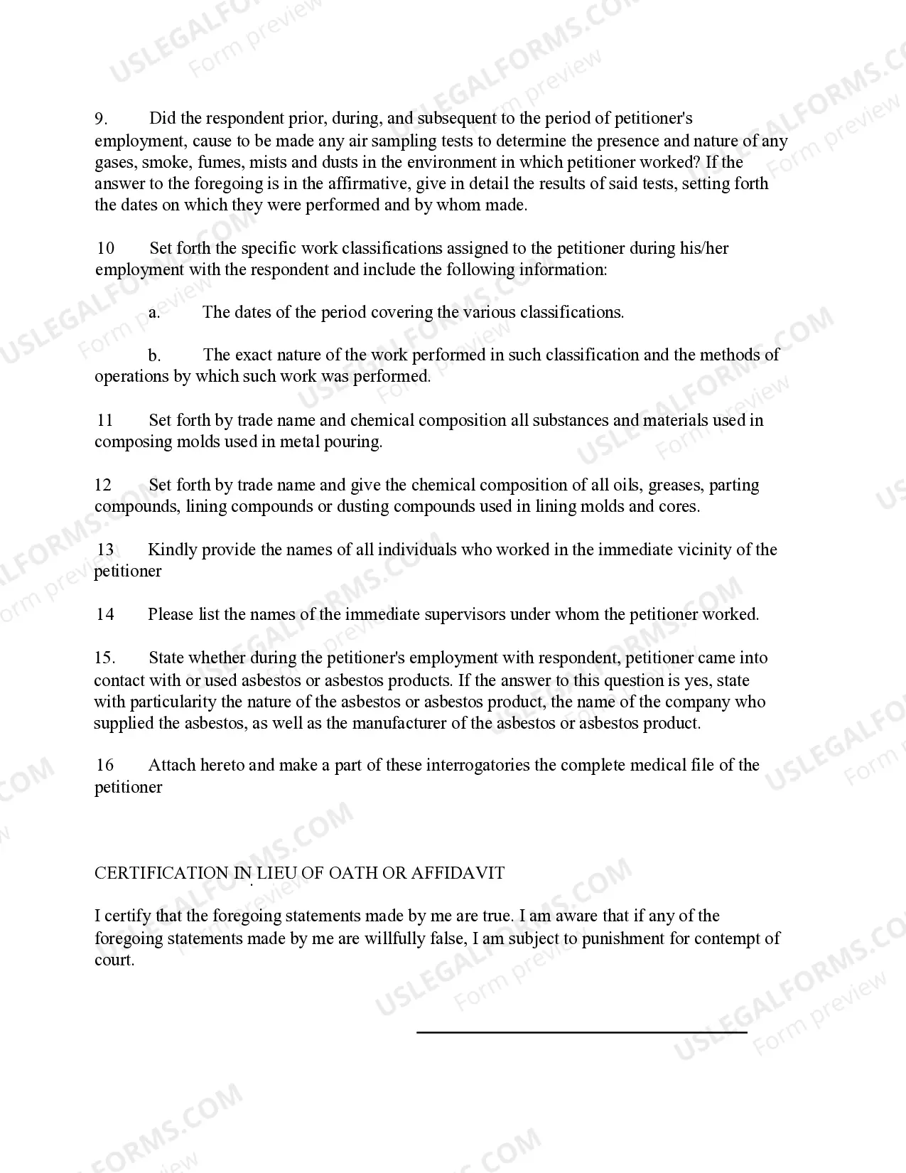 Preview Occupational Interrogatories for Workers' Compensation