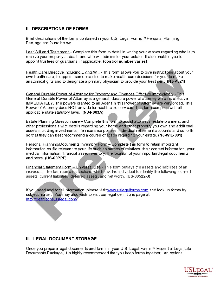 Preview New Jersey Life Documents Planning Package, including Will, Power of Attorney and Living Will