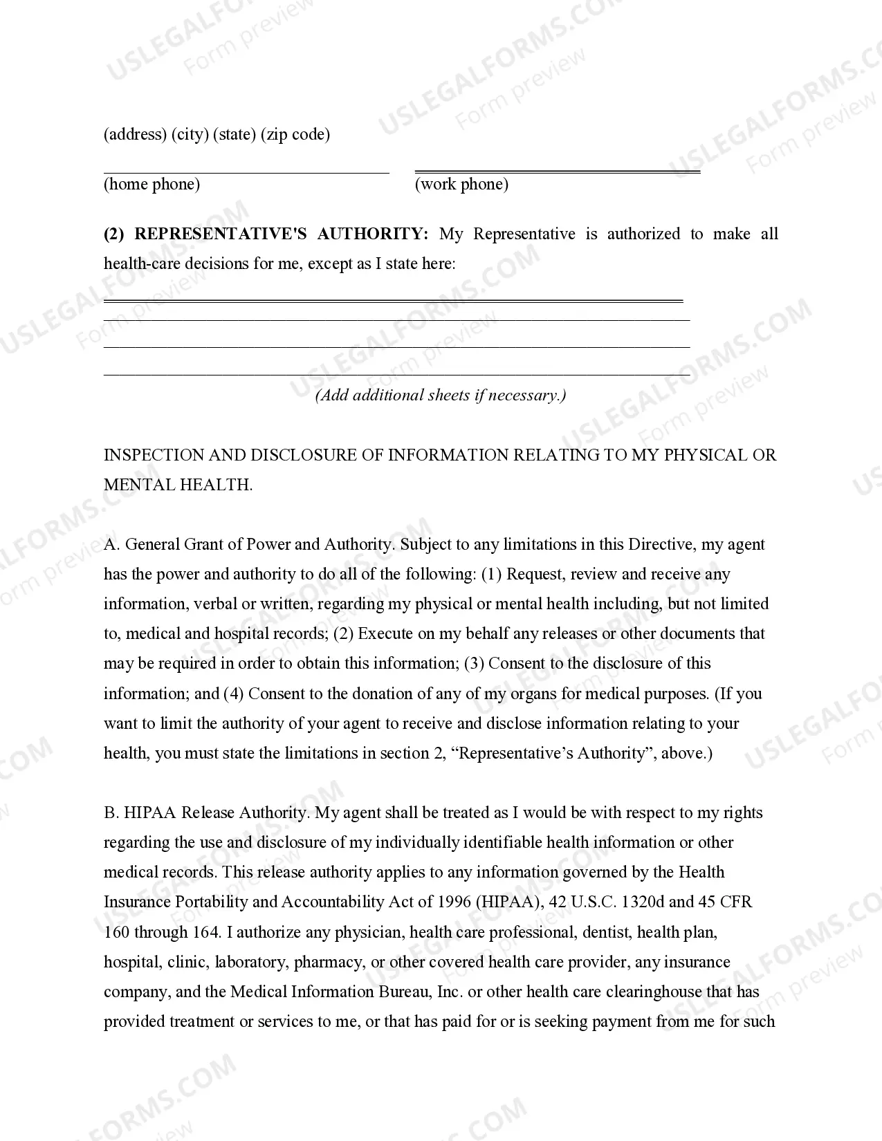 Preview Health Care Directive including Living Will