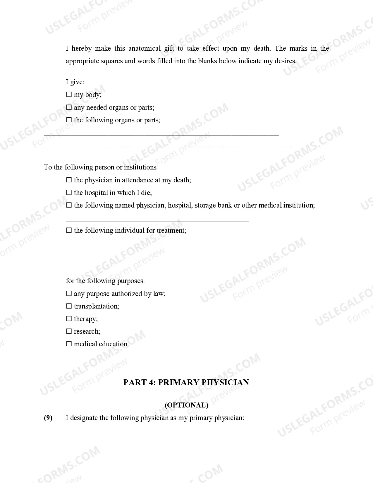 Preview Health Care Directive including Living Will