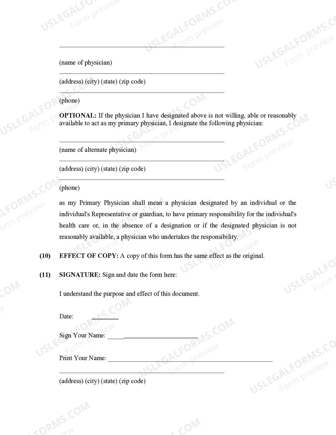 Preview Health Care Directive including Living Will