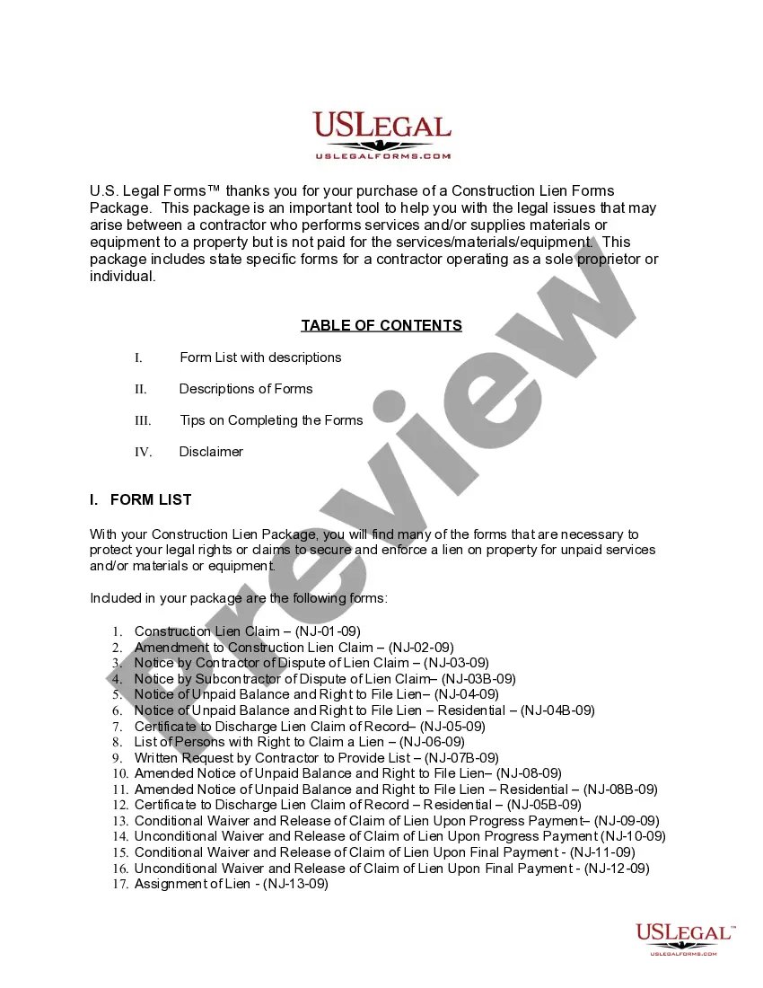 Preview New Jersey Construction or Mechanics Lien Package - Individual