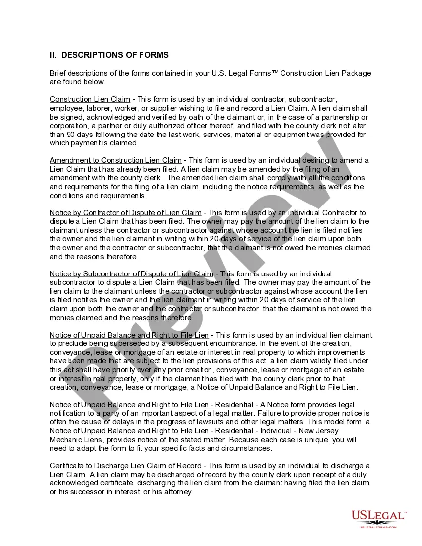 Preview New Jersey Construction or Mechanics Lien Package - Individual