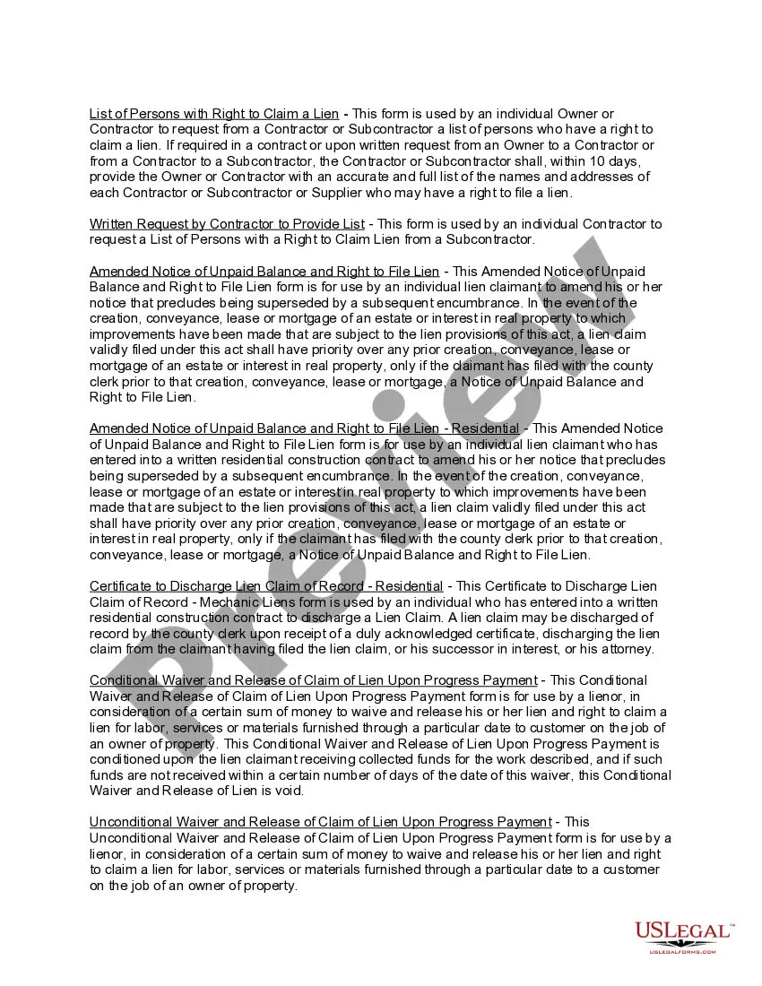 Preview New Jersey Construction or Mechanics Lien Package - Individual