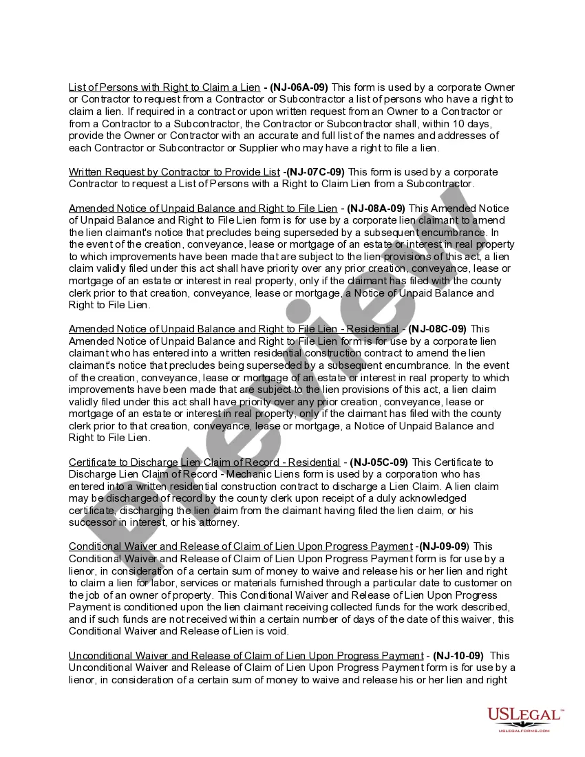 Preview New Jersey Construction or Mechanics Lien Package - Corporation or LLC