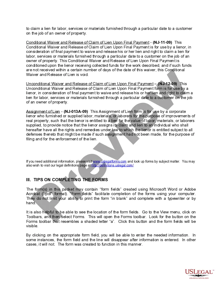 Preview New Jersey Construction or Mechanics Lien Package - Corporation or LLC